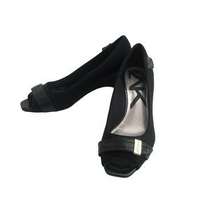 AK Anne Klein Heels Womens 8 M Casual Peep Toe Pumps Navy Blue Fabric Wedge